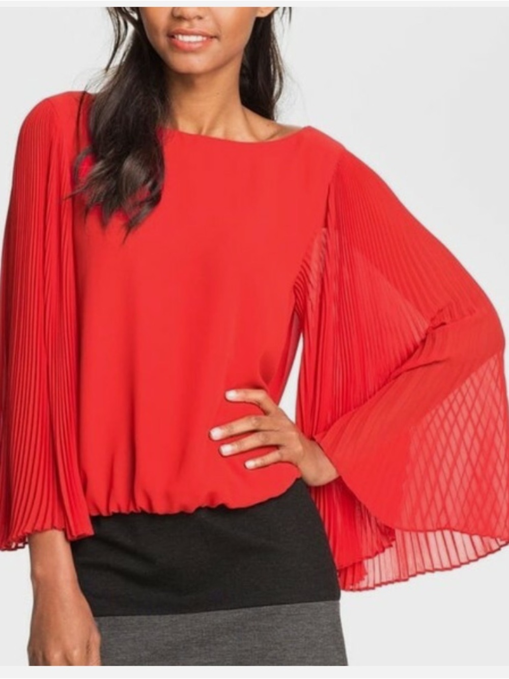 Vince Camuto Pleated Chiffon Bell Sleeve Sexy Red Blouse Top Sz SMALL